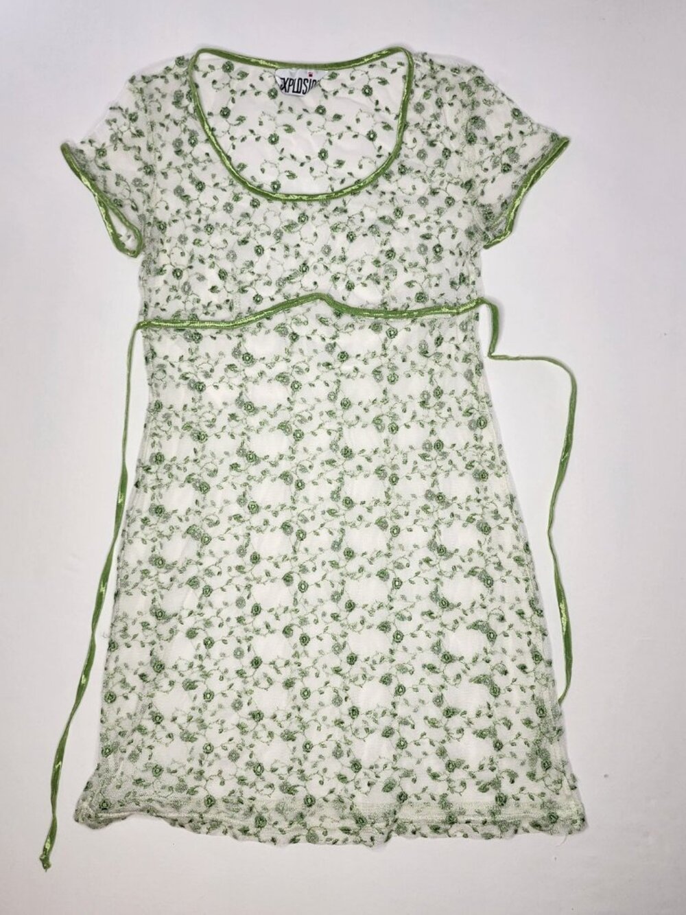 Explosion Green Floral Mesh Mini Dress Y2K Sheer Lace Babydoll